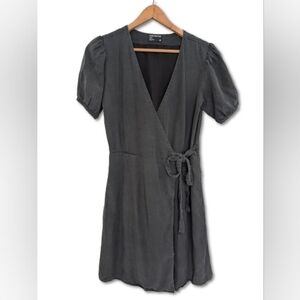Frank & Oak Tencel Linen Wrap Dress Grey Puff Sleeve Mini Size XS